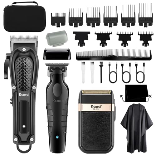 KEMEI Professional Hair Clippers for Men Cordless Complete Barber Clipper T-Blade Hair/Beard Trimmer Foil Shaver Set