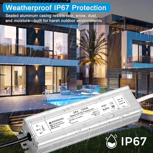 Image of 24V 100W LED Power Supply, IP67 Waterproof LED Driver, AC 110V to DC 24 Volt 4.2A Low Voltage Transformer Converter for Outdoor LED Strip & Landscape Lighting, 3-Prong Plug with 3.3FT Cable
