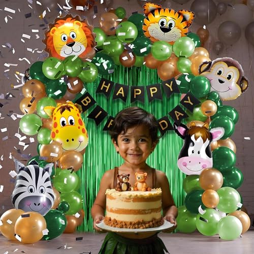 Image of Party Propz Jungle Theme Birthday Decoration Kit - 66 Pcs Jungles Theme Decoration | Jungle Safari Themes Birthday Decoration | Animal Foil Balloons for Biday (Cardstock, Foil, Latex)