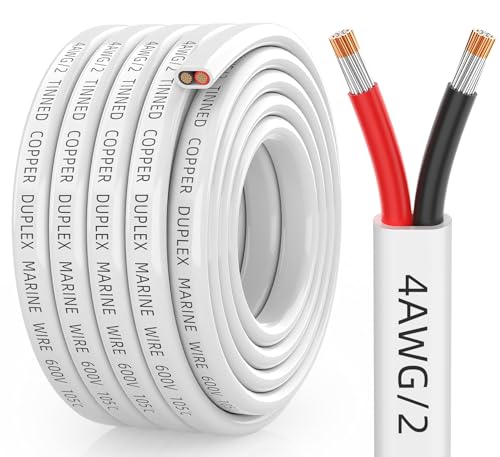 CONEPY 4 Gauge Marine Wire, 4/2 Duplex Tinned Copper Marine Grade Cable, IP68 Waterproof/Corrosion-Resistant PVC Stranded 4 AWG Wire for Boat, Automotive, Solar, Trolling Motor, Battery (15FT/4.5M)
