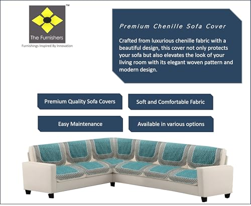 Image of Premium Chenille Woven Anti-Slip 6 Seater L-Shape Sofa Cover | L-Shape Sofa Seat Protector for Living Room | Durable & Stylish Slipcover - Turquoise - 3D