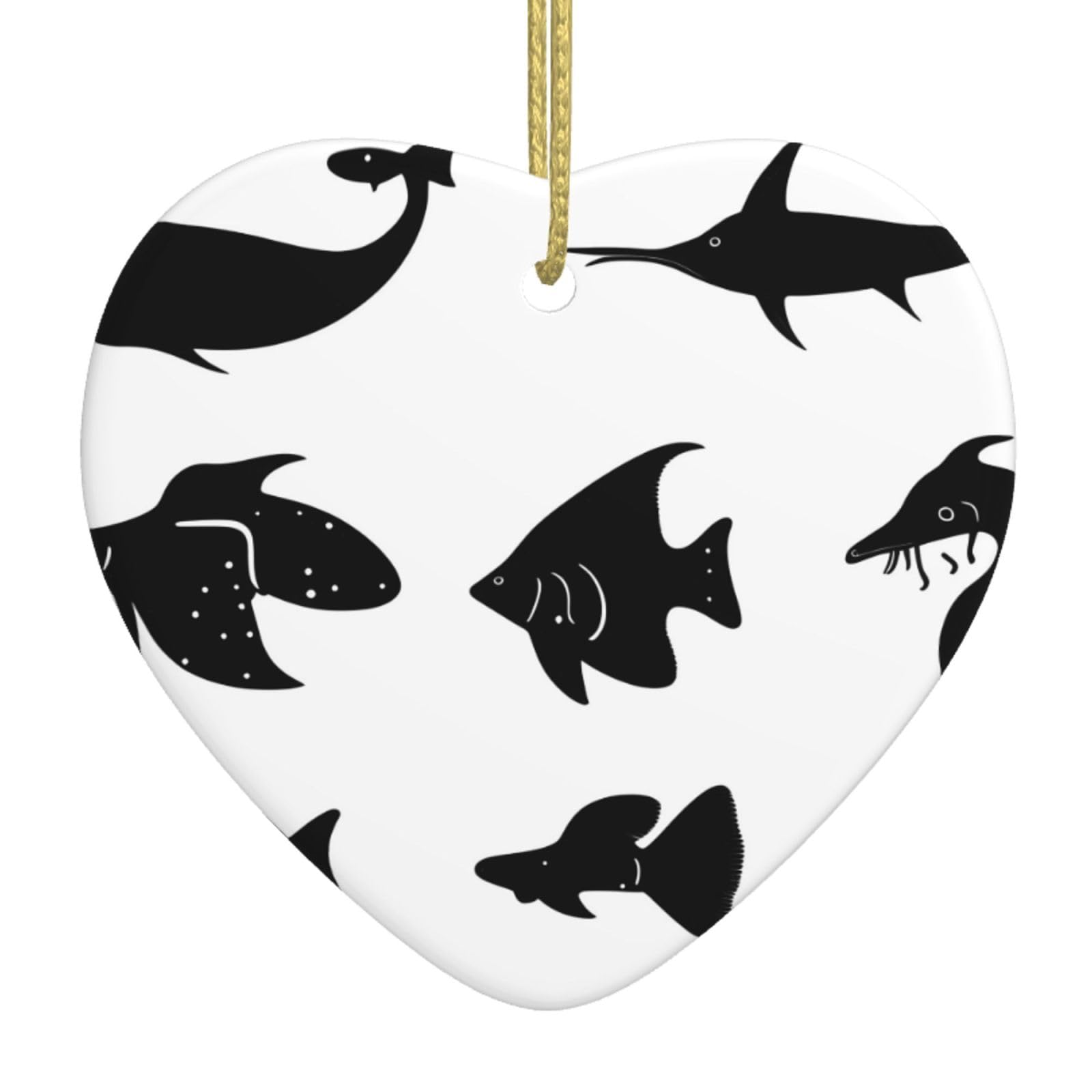 Black and White Fish Ceramic Christmas Heart Pendant with Silk Thread, Christmas Tree Home Decoration