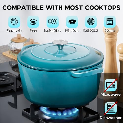 Onader 7QT Dutch Oven Pot with Lid, Cast Iron Large Pot for Bread Baking, Round Dutch Oven, Enameled Heavy Duty Cookware - Dark Cyan
