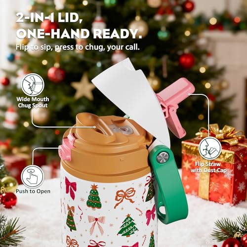 POWCAN 24 oz Christmas Stainless Steel Water Bottle: 2-in-1 Push-Button Spout & Quick-Flip Straw, Leakproof, Fits in Car Cupholder, Insulated Water Bottle for Holiday Gift, Sports, Travel (Merry Bows) — view 4