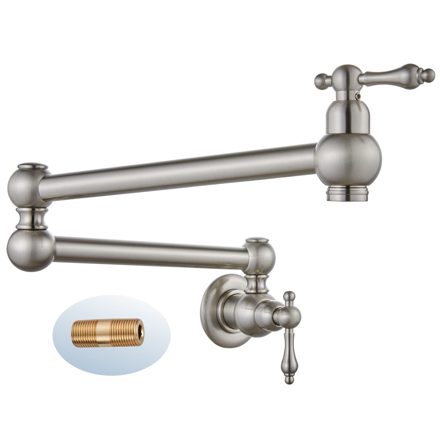 Cinwiny Brushed Nickel Pot Filler Faucet Wall Mount Classical Folding Stretchable Stainless Steel Kitchen Restaurant Sink Faucet With Double Joint Swing Arm 1 Hole 2 Handle Commercial