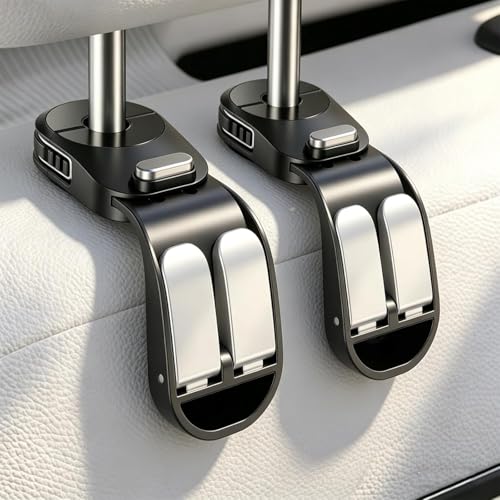 Image of Car Seat Headrest Hook Compatible with Toyota Corolla CrossDouble Metal Headrest Hanger for Handbags, Coats, Bottles & Grocery Bags | Retractable Purse Holder Accessory (Black, Pack of 2)
