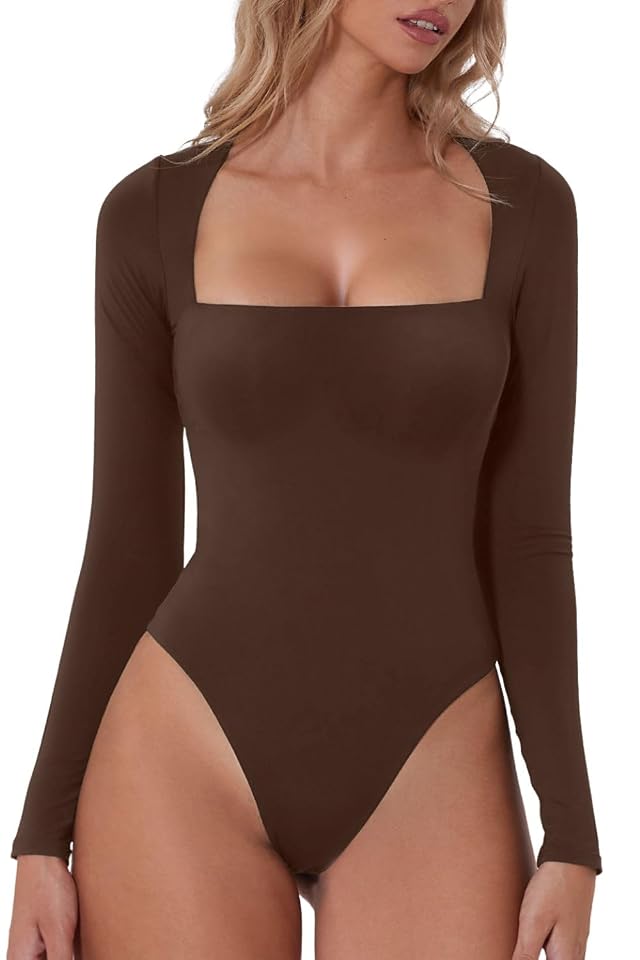 QINSEN Womens Sexy Square Neck Bodysuit Long Sleeve Double Lined Shirt Tops