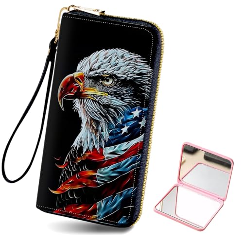 Women's Card Holder Wristlet Wallet, Convenient Travel Long Wallet with Strap and Pink Compact Mirror, Fashion and Sturdy Wristlet Long Purse for Women, American Flag Eagle