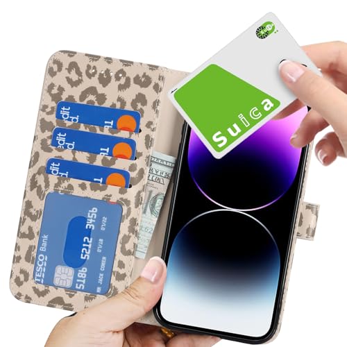 Image of for iPhone 14 Pro Max Case Wallet with Card Holder,for iPhone 14 Pro Max Wallet Case for Women Men,PU Leather Shockproof Magnetic Buckle Stand Flip Phone Case-Beige Leopard