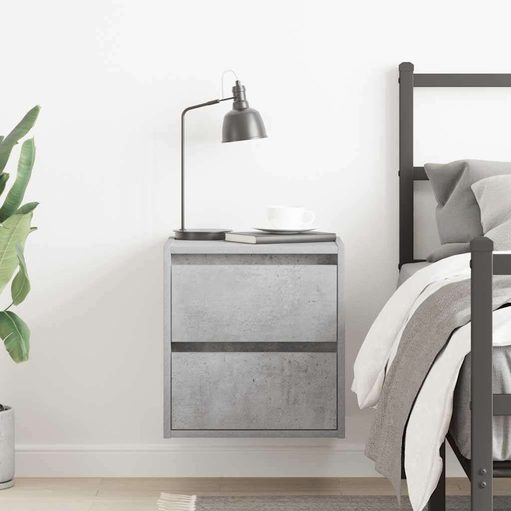 Comodino sospeso grigio cemento, 38 x 34 x 40 cm, in legno | Consolle da parete salvaspazio per camera da letto con due cassetti in robusto legno effetto cemento.