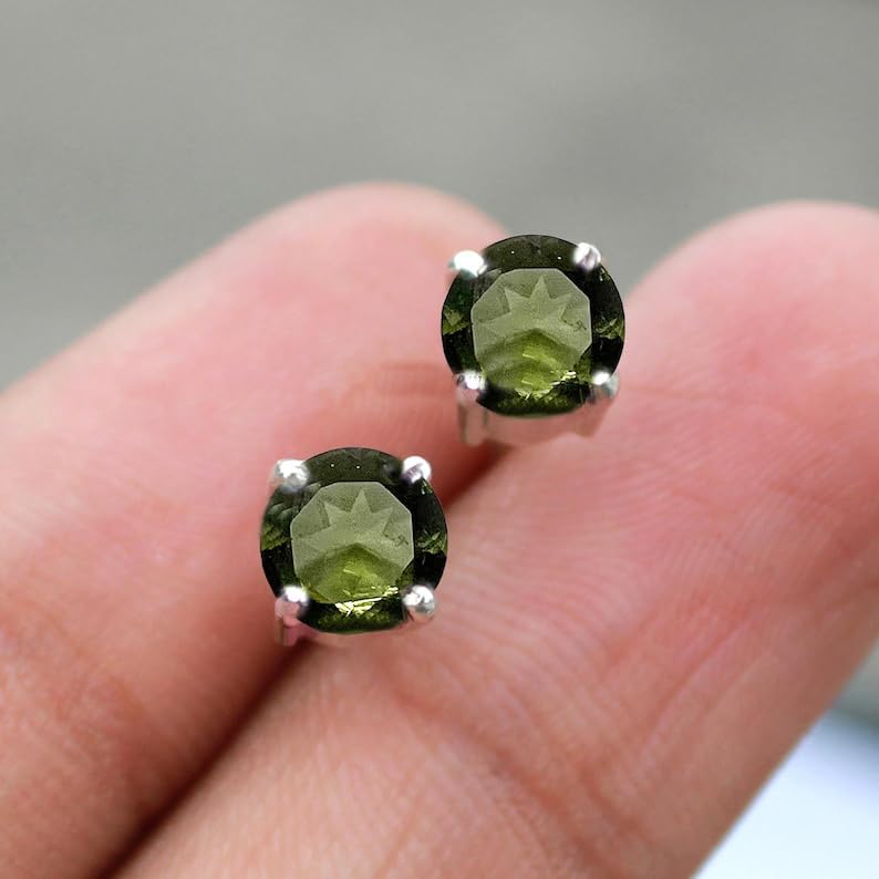 CZECH MOLDAVITE Stud Earrings Sterling Silver Moldavite jewelry, genuine moldavite earrings Certified moldavite earring, Christmas