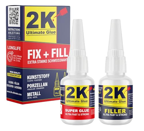 2K ultimate glue FIX + FILL Kleber extra stark für Kunststoff Gummi Stein Keramik Sekundenkleber/Superkleber - Kunststoff Reparaturset Super glue 2 komponenten Kleber Industriekleber (1 Set)