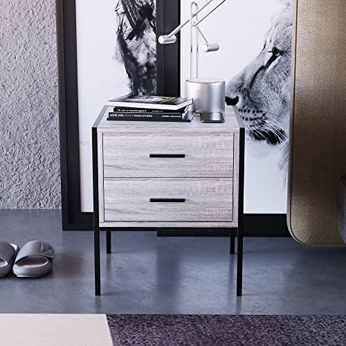 Vida Designs Brooklyn Bedside Cabinet Nightstand Side Table Industrial Bedroom Furniture Storage (Grey, 2 Drawer)