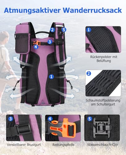 Wiserset 22L Wanderrucksack Herren Damen, Klein Rucksack Leicht Reiserucksack mit Telefonhalter, Trekkingrucksack mit Reflexstreifen Für Radfahren, Camping, Wandern (Lila, Kleine)