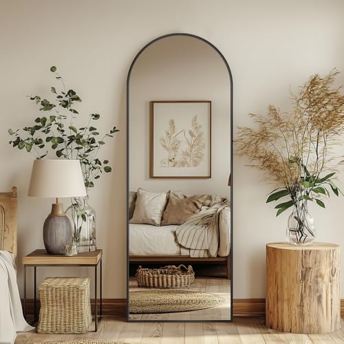 Image of Antok 56 inch x14 inch Arched Full Length Floor Mirror, Black Aluminum Frame, Free Standing /Wall Mount /Leaning for Bedroom, Living Room, Dressing Room