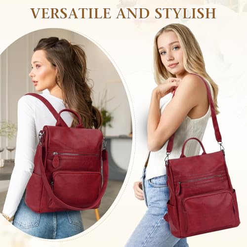 RAVUO Women Backpack Purse, Fashion PU Leather Anti-theft Ladies Backpack Convertible Rucksack School Bags Three Ways to Carry (Wine Red) - Image 4