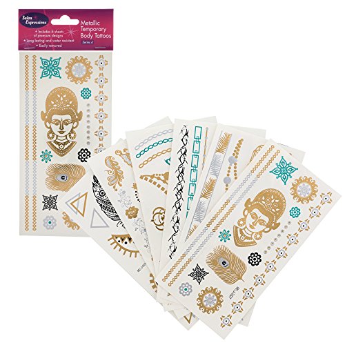 Metallic Temporary Tattoos- Six Sheets of Gold and Silver Long Lasting Fashion Designs (Series 4)