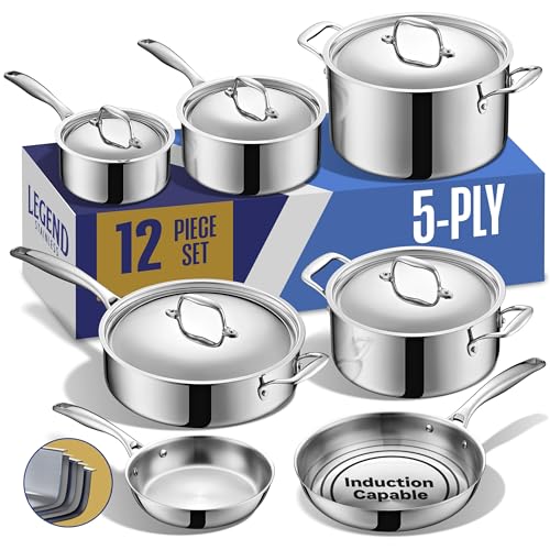 LEGEND COOKWARE 5-Ply Stainless Steel Cookware Set | Pot and Pan Set | Induction Compatible, Non-Toxic | Heavy Duty 18/8 Full Clad Construction | Oven Safe Even Heating (12-Piece Set)