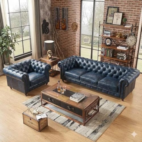 Image of Classic Leatherette Chester Sofa Set Button Tufted, Classic Style Sofa Set 3-Person Sofa for Living Room, Office, and Hallway Colour (Blue Leatherette, 3+1 = 4 Seater Sofa)