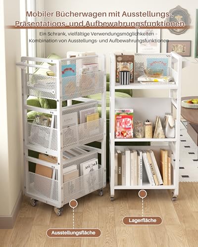 Noskox Mobiles Bücherregal mit Rollen, Metall-Rollwagen mit 3 Etagen, Handgriff und 3 magnetischen Buchstützen für Büro, Wohnzimmer und Arbeitszimmer, Weiß