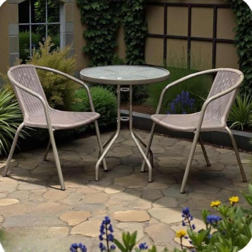 جلسة شرفة عصرية ومريحة مكونة من طاولة زجاجية مستديرة وكرسيين بتصميم خفيف وأنيق للاستخدام االداخلي والخارجي - مصممة خصيصًا لمن يبحثون عن طقم عملي(V54-16)