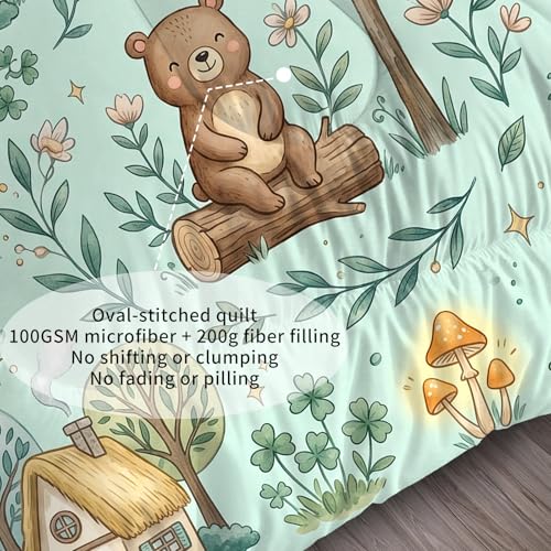 Image of Cute Woodland Animal Comforter Set Full Size, Bear and Rabbit Print for Kids Boys Girls Teens, Soft Microfiber Room Decor 1 Comforter 2 Pillowcase