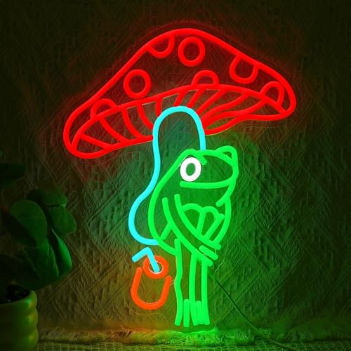 Frog Mushroom Neon Sign Frog Under Mushroom Neon LED Light Dimmable Juice Wine Light Up Sign for Wall Decor Man Cave Bedroom Bar Restaurant Club Zoo Gamer Room