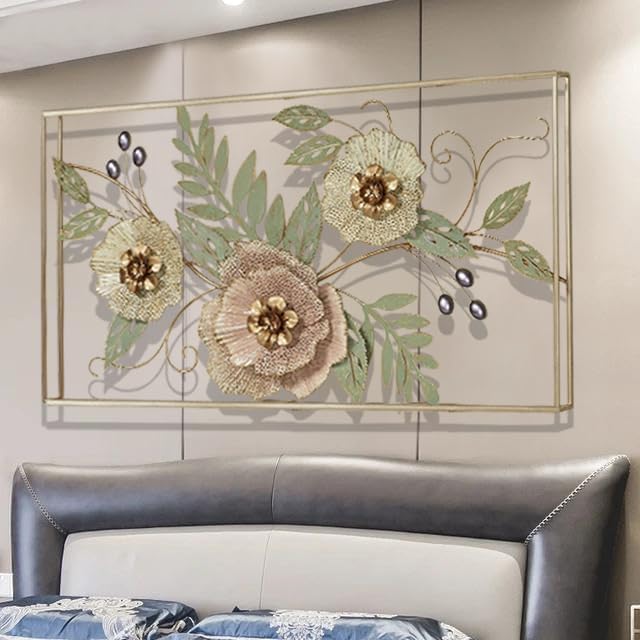 Image of ZOVE Forever Blooms Openwork Floral Wall Art | Framed Metal Artwork with Pastel Pink & Cream Blossoms | Metallic Finish Hanging Flower Decor for Living Room & Bedroom (40 x 20 Inch)