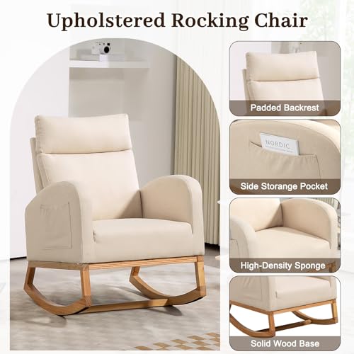GarveeHome Nursery Glider Chair Rocking Chair, Upholstered Nursery with Rubber Wood Legs, Comfy High Backrest, Side Pockets, Accent Rocker Armchair for Living Room, 27.6" D x 33.9" W x 41.1" H, White by GarveeHome - Image 5