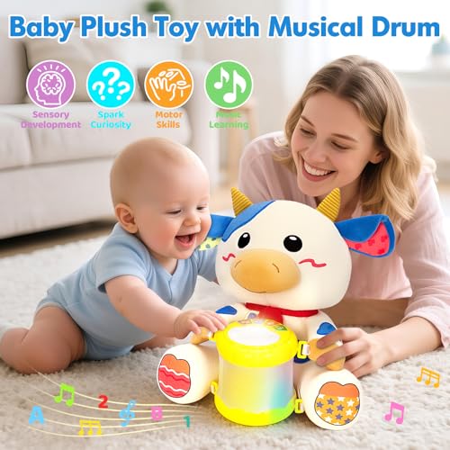V-Opitos Stuffed Cow Musical Toys for Baby 6-12 Months+, Early Learning Light up Music Drum, Perfect Christmas Birthday Gifts for Boy & Girl Age 1, 2 Years Old - Image 3