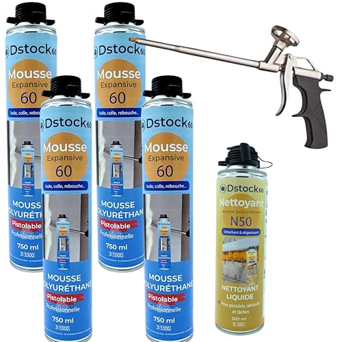 DSTOCK60 - LOT DE 4 MOUSSES PISTOLABLES + 1 PISTOLET + 1 NETTOYANT - MOUSSE EXPANSIVE 750 ML - MOUSSE POLYURÉTHANE PROFESSIONNELLE - ISOLE, COLLE ET REBOUCHE - EXTÉRIEUR ET INTÉRIEUR