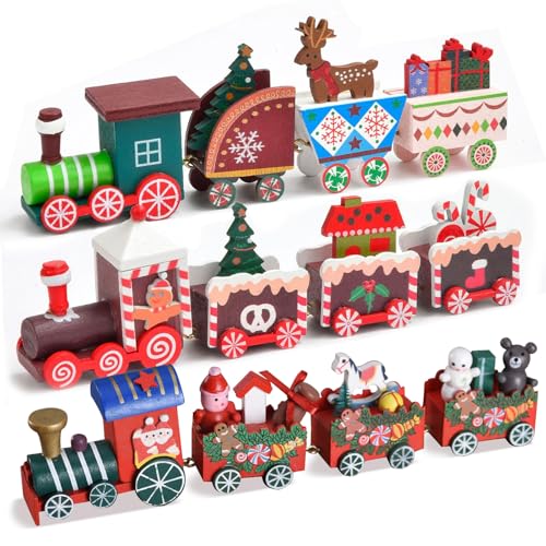 MORAINJAY 3 Pezzi Trenini a Vapore in Legno per Natale con 4 Vagoni,Decorazione da Tavolo e per Camino,Idee Regalo per Appassionati e Collezionisti,Ornamenti Natalizia Desktop