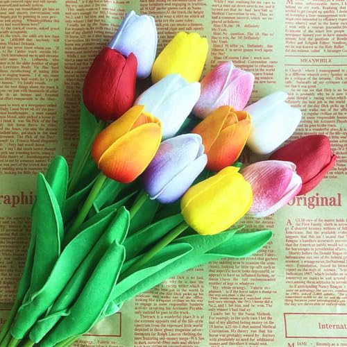 Image of Artificial Tulip Flower Stems (Pack of 5, Vase Not Included) - Realistic Faux Flowers for Home Decor, Living Room, Bedroom, Office, Wedding Decoration (Yellow Shade)