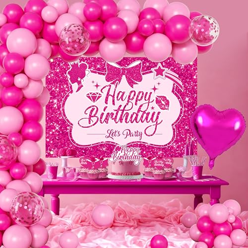 Image of Pink Birthday Party Decorations for girls,Birthday Banner,Pink Backdrop,Hot Pink Balloons Party Decorations