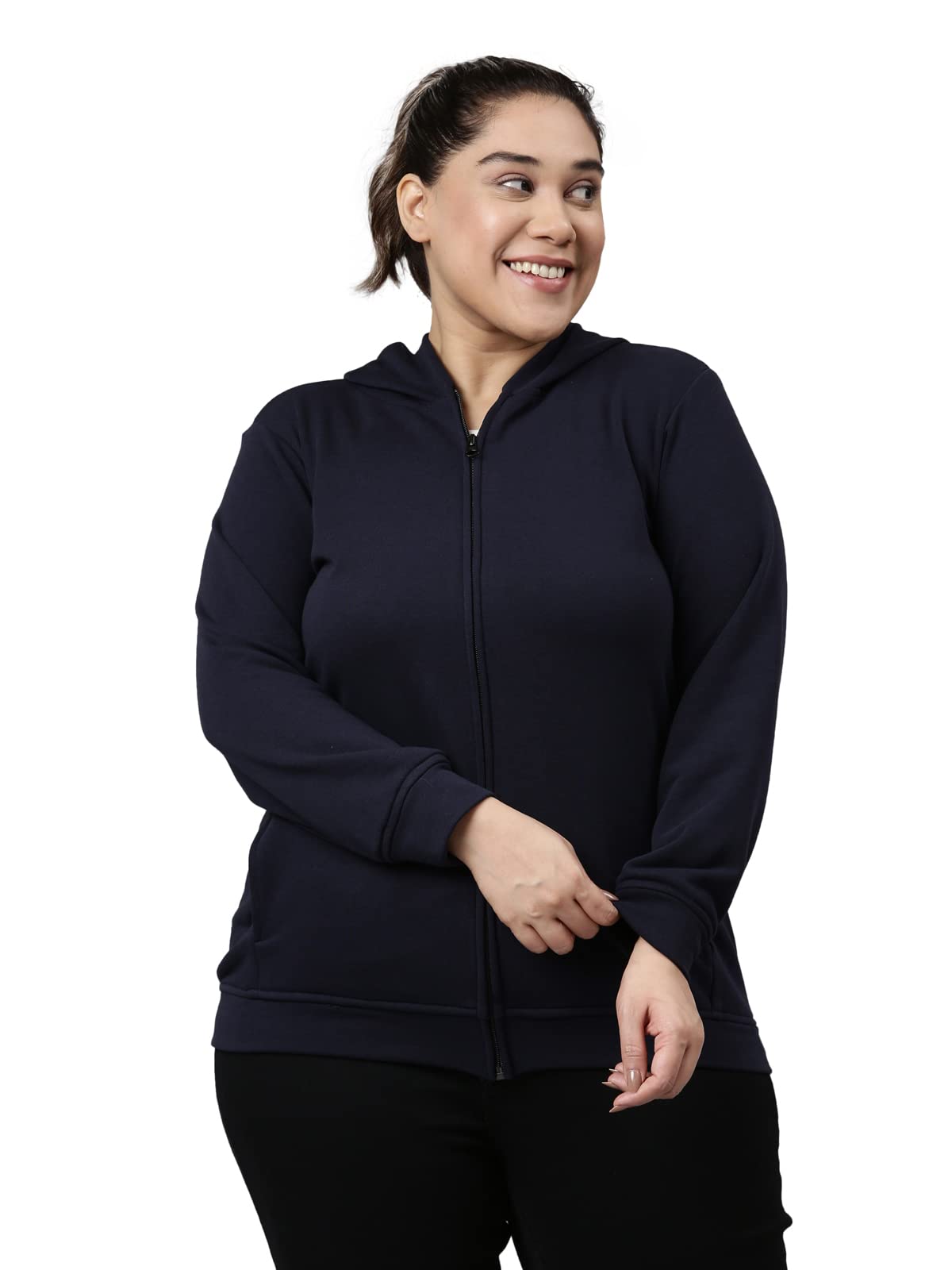 the pink moon Women's Solid Plus Size Hoodie Jacket - (Jckt_036_Navy)-picture-27