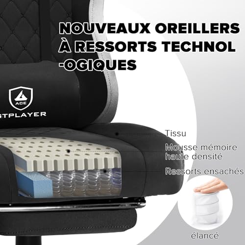 GTPLAYER Chaise de gaming ergonomique avec surface en tissu, coussin de siège à ressort, accoudoirs de connexion et repose-pieds, noir – Image 4