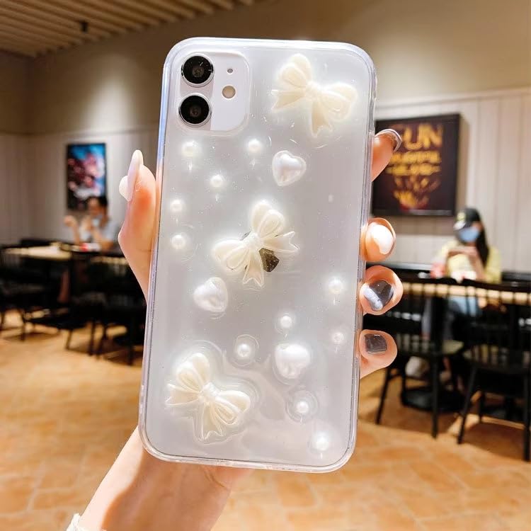 Image of COVERLY for iPhone 12 Pro 3D Luxury Bow Knot Resin Phone Case,Trendy Translucent Cute Hard Epoxy Art Crystal Clear -Non Yellowing Love Heart Embossed Pearl Princess Cover for Apple iPhone 12 Pro
