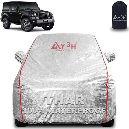 Image of 100% Waterproof Car Cover Compatible with Mahindra Thar | All Weather, Dust Proof, UV Protective with Mirror Pocket (Silver Magic)