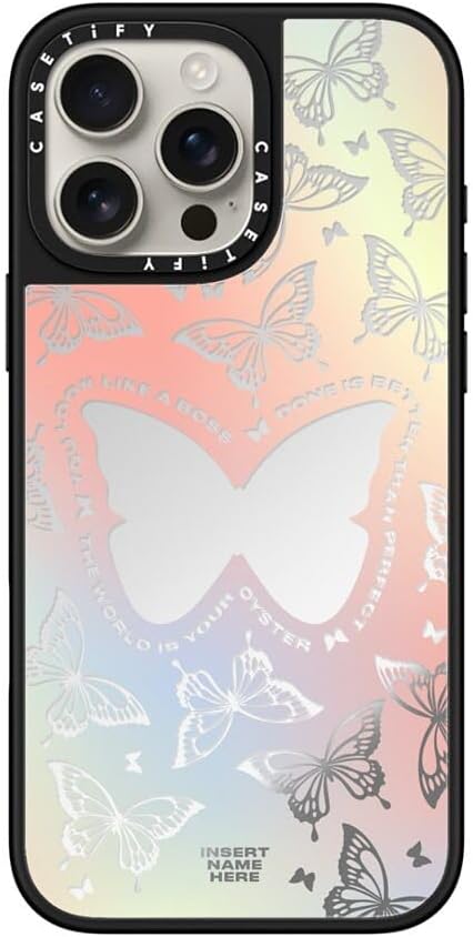 CASETiFY Mirror Case for iPhone 16 Pro Max [Reflective / 4.9 ft. 1X Military Grade Drop Protection/Compatible with Magsafe] - You Give Me Butterflies - Silver on Black - Image 3