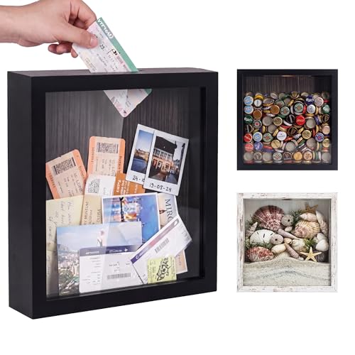 Image of GraduationMall 8x8 Top Loading Shadow Box Frame with HD Glass,Wood Display Case with Slot,1.25 inches Interior Depth,Ideal for Wine Bottle Caps,Tickets,Shells,Stamps and More,Black