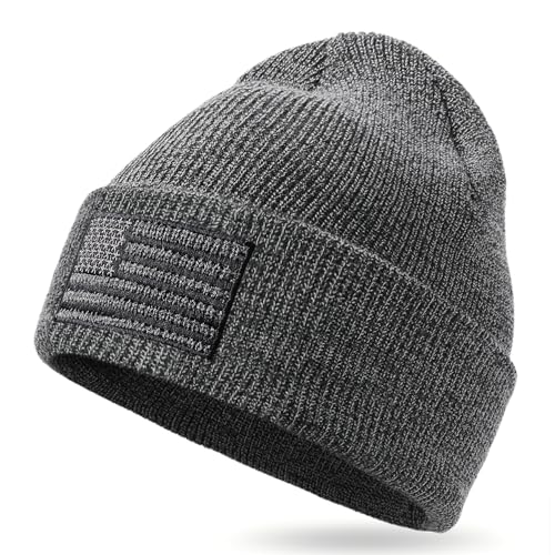 Image of OUTDOOR SHAPING American Flag Embroidered Knit Cuffed Beanie for Men Women Tactical Winter Warm Hat