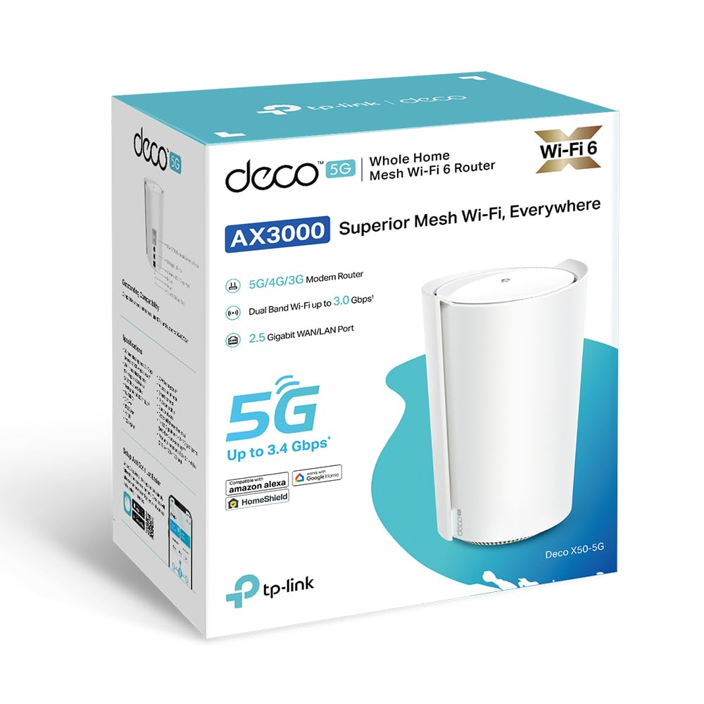 TP-Link Deco X50-5G LTE WLAN Router, 5G Router SIM-Karte, 2,5-Gbit/s-Port + 2 x Gigabit-Ports, Wi-Fi 6 AX3000, Unterstützt externe Antenne und Deco Mesh, Nur APP verwaltet, keine Webverwaltungsseite
