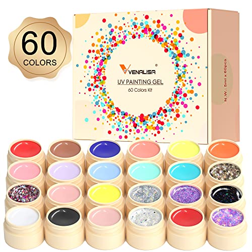 VENALISA Gel Paint Nail Art Set, 60 Colors Solid Gel Polish Art Kit, Professional Salon DIY Gift