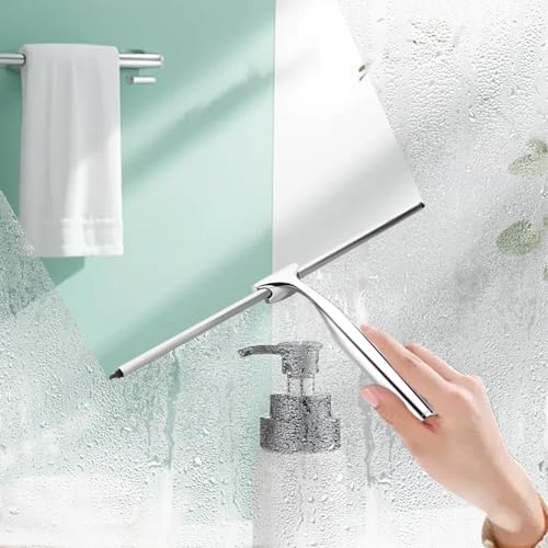 Image of Shower Squeegee for Glass Doors,10 Inch Stainless Steel Squeegee for Shower Glass with Storage Hook, Shower Squeegee for Tile Shower Walls, Window Mirror Squeegee and Car Glass(Sliver)
