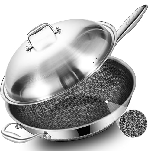 Image of Hybird Nonstick Wok Pan with Steel Lid | 14.5-Inch | Detachable Handle | Non Toxic | Tri-Ply Stainless Steel | Ceramic Coating | Stir Fry Pan | Induction Compatible | Dishwasher & Oven Safe