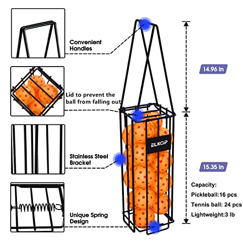 Portable Pickleball & Tennis Ball Collector - Easily Pick Up Pickle Ball Retriever Basket Ball Bucket Carrier Picker Hopper, Holds 16 Pickleball Balls Or 24 Tennis Balls, Integral #TOP1