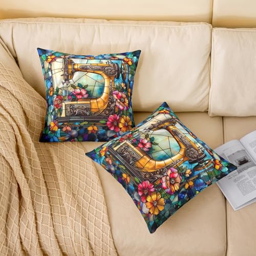 European Vintage Sewing Theme Flowers 18"x18" Reversible Pillow Cover