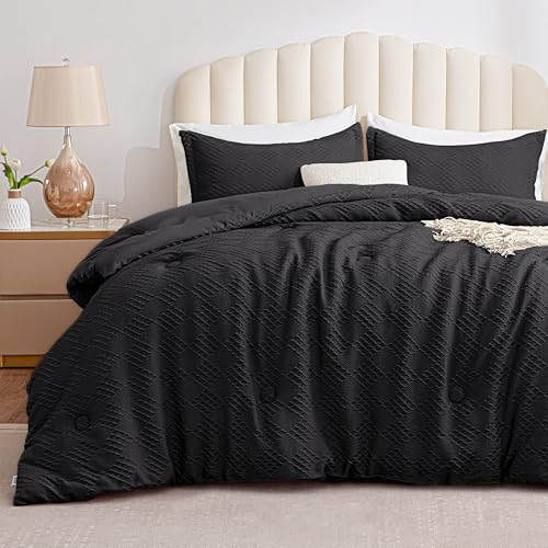 EXQ Home Waffle Comforter King Size - Super Soft Embossed Design Comforter Set 3 Pieces Black 3D Diamond Pattern Bedding Set Winter Warm Bed Set 1 Comforter with 2 Pillowcases