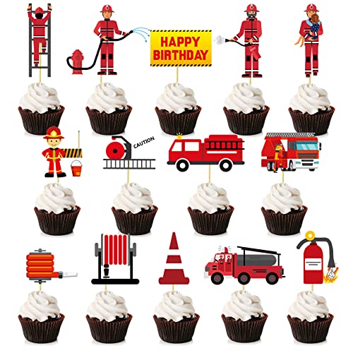 Bymivofun Lot de 28 Toppers de Gâteau de Pompier, Décoration de Gâteau de Camion de Pompier, Toppers de Gâteau de Lutte Contre l'incendie, pour Décoration de Fête d'Anniversaire pour Enfants Garçons Cover