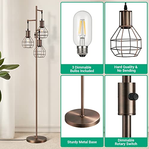 EDISHINE Dimmable Rustic Floor Lamp with 3 LED Edison Bulbs - 65in Farmhouse Design for Living Room, Bedroom, and Office